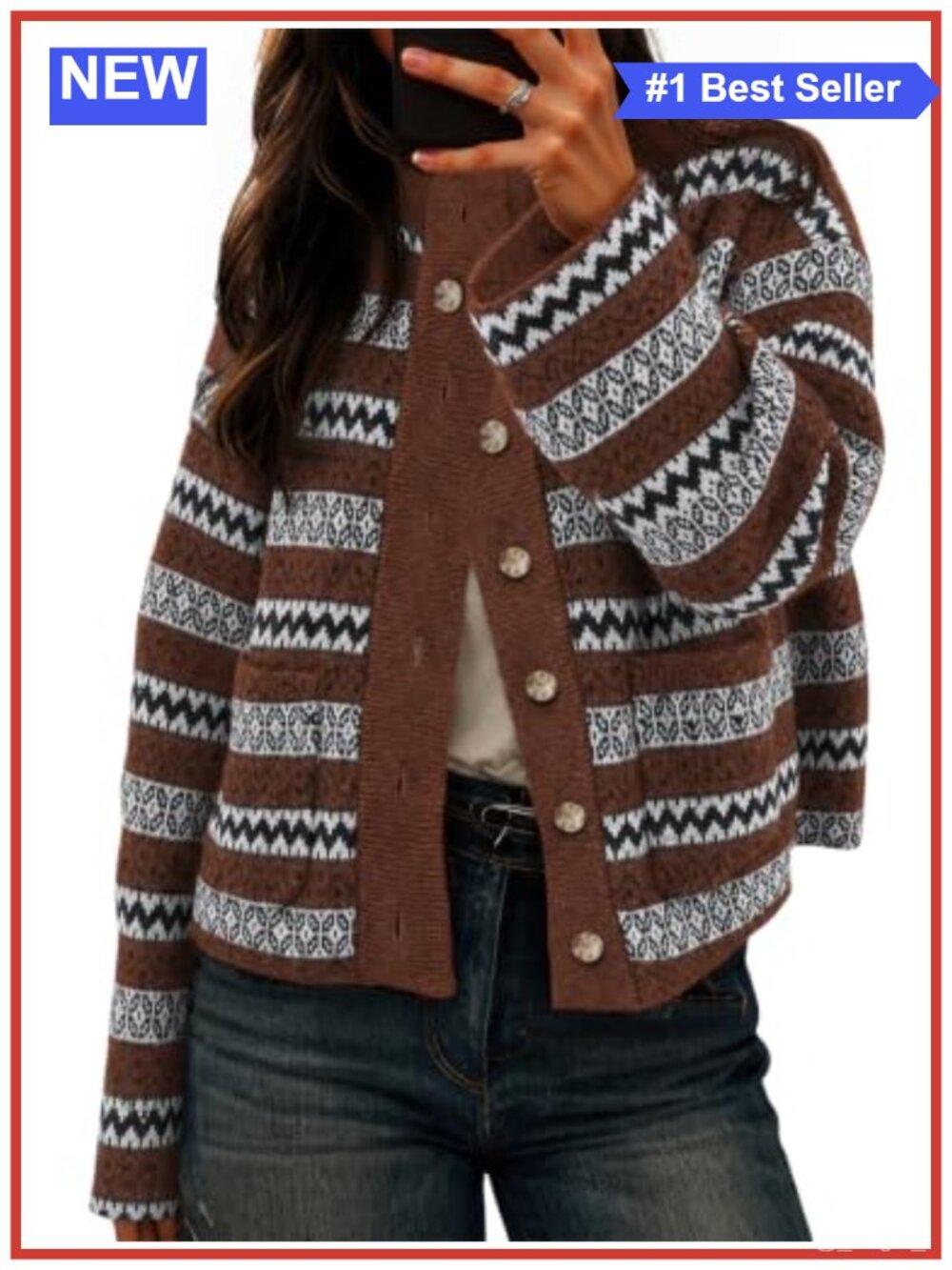 Fair Isle Cardigan Long Sleeve Mock Neck Button Down Knit Sweater